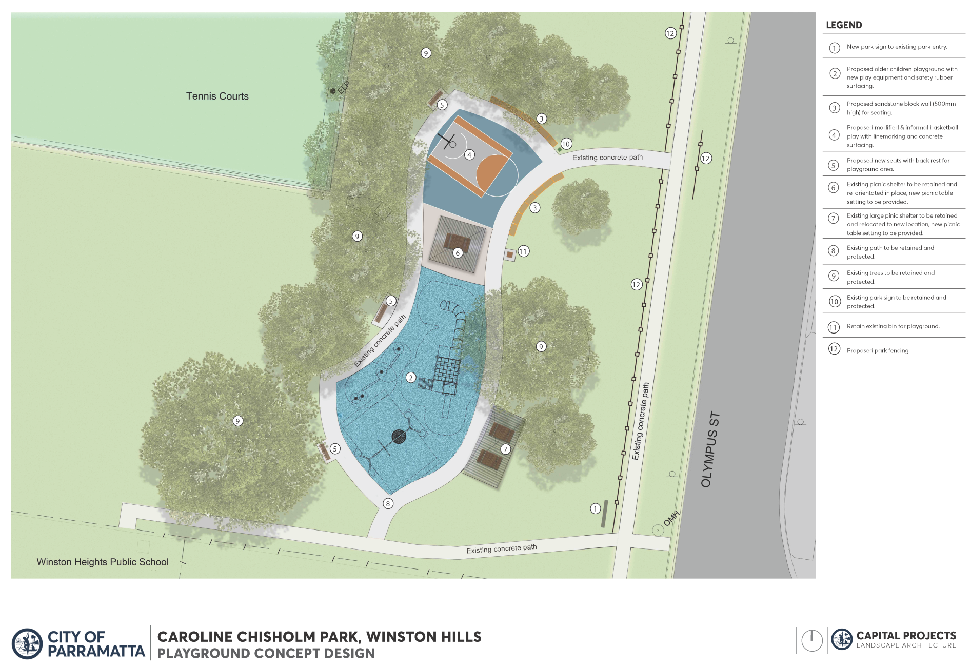 Aerial landscape plan with basketball court, shelter and playground