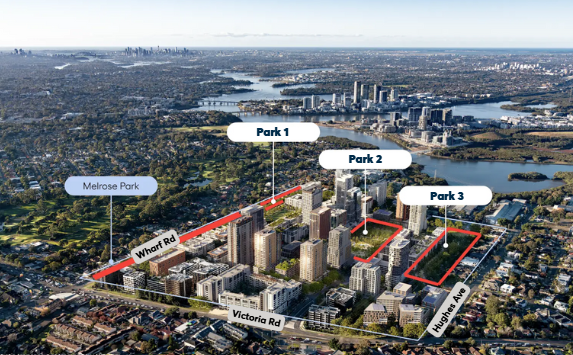 Artist impression of an aerial view of Melrose Park development looking from the northwest toward the southeast