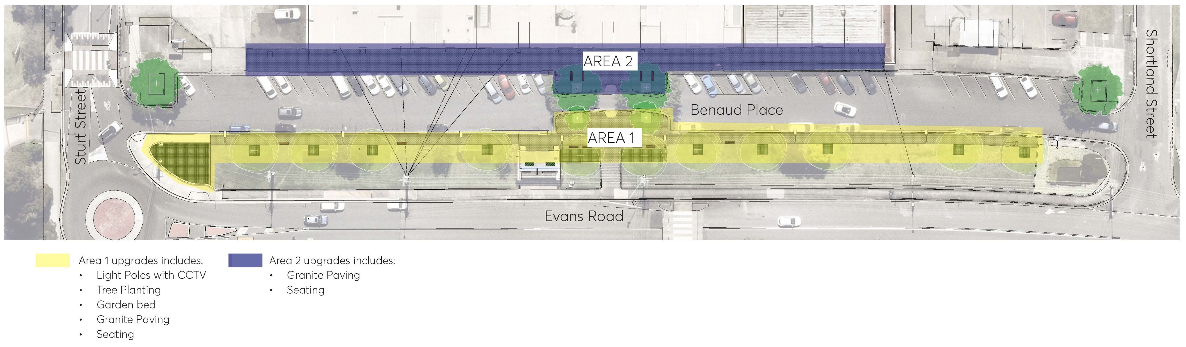 Streetscape showing two areas. The light or yellow area is the first stage, the dark or purple area is the second stage for the upgrades.