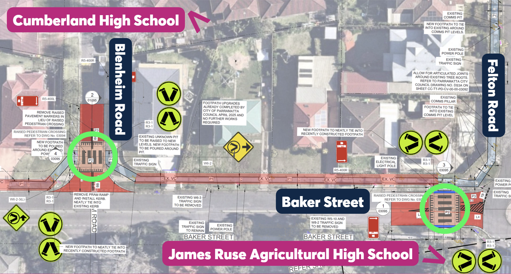 Proposed location for two crossings in Carlingford in Baker St and Blenheim Road