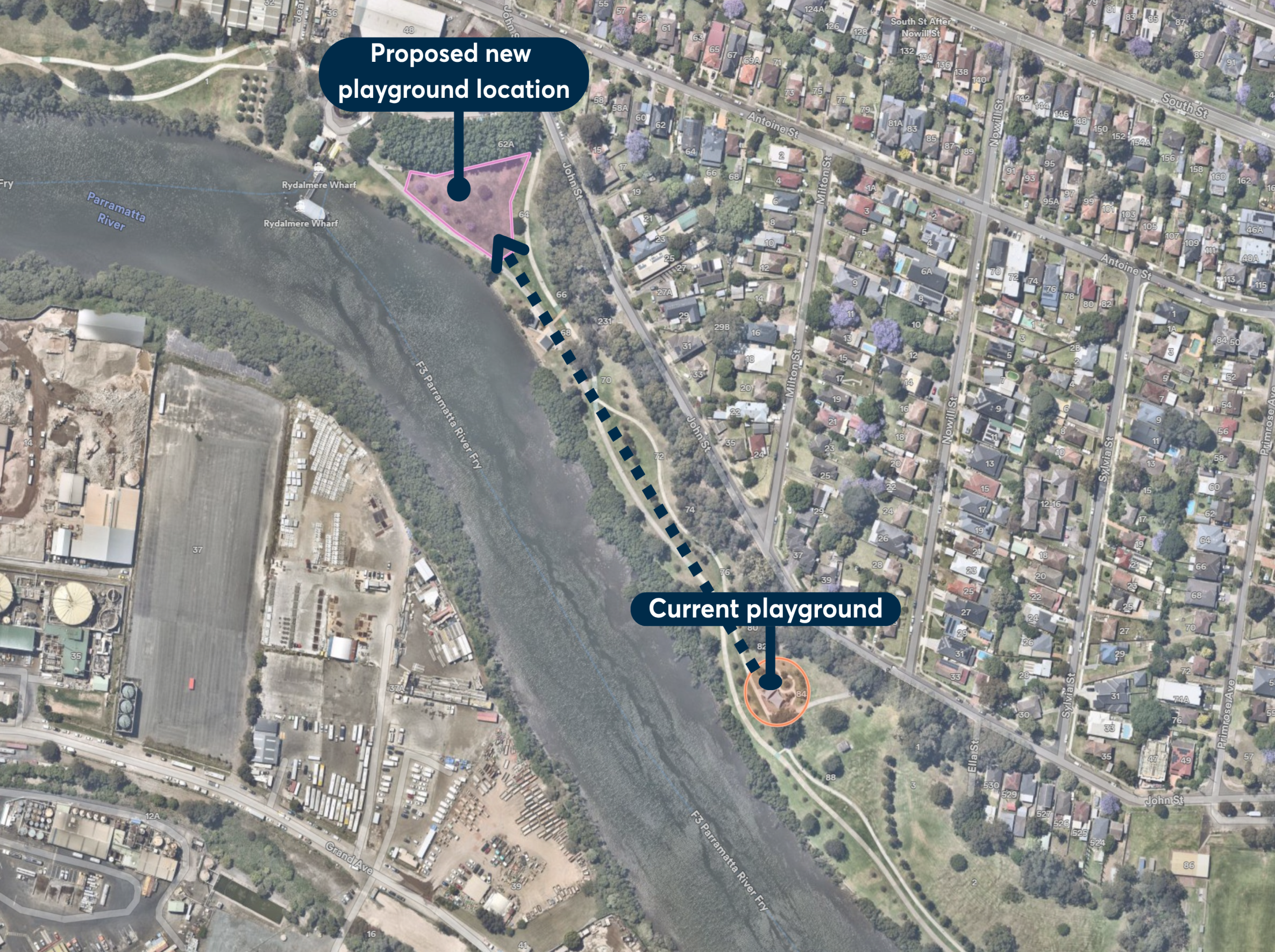 Proposed new location for the playground is approximately 350m from the current park.