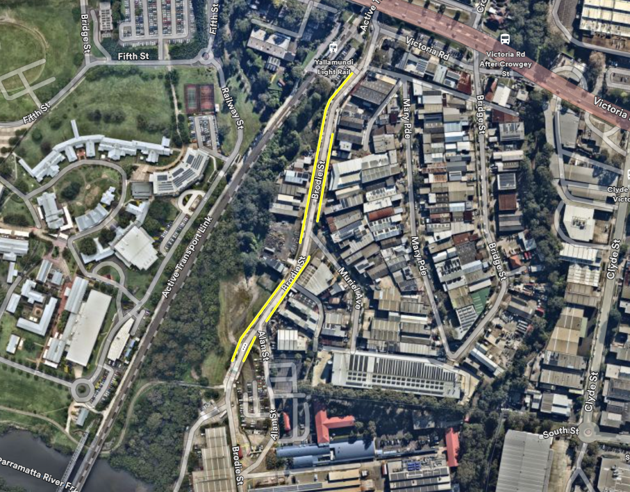 Aerial map showing the section along Brodie Street proposed to have parking restrictions in yellow