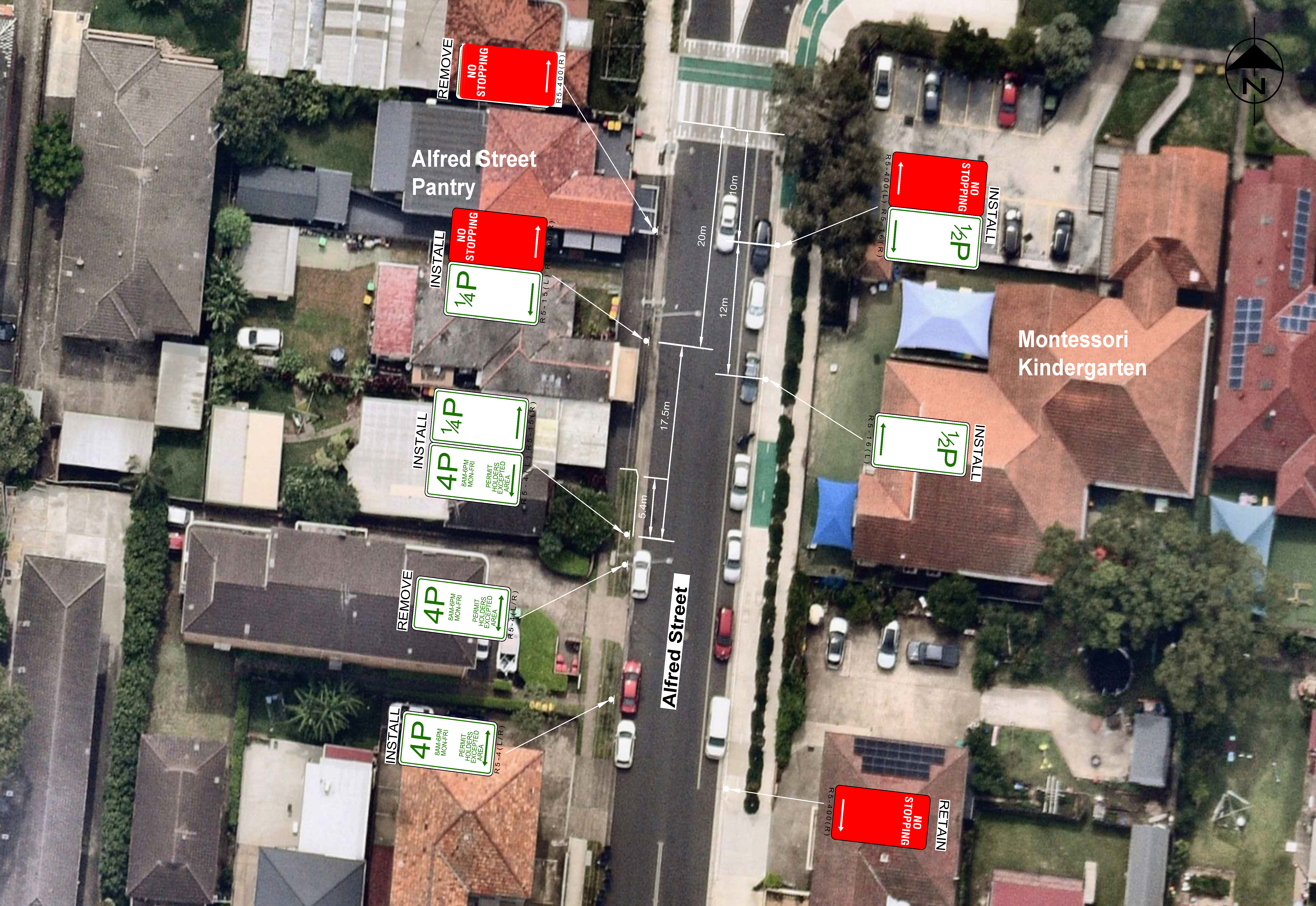 Aerial photograph of 120 Alfred Street with labels indicating the proposed parking arrangements