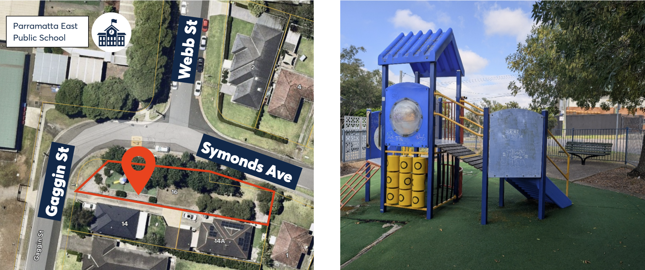 Map showing location of the playground on Symonds Avenue & Image of existing playground equipment