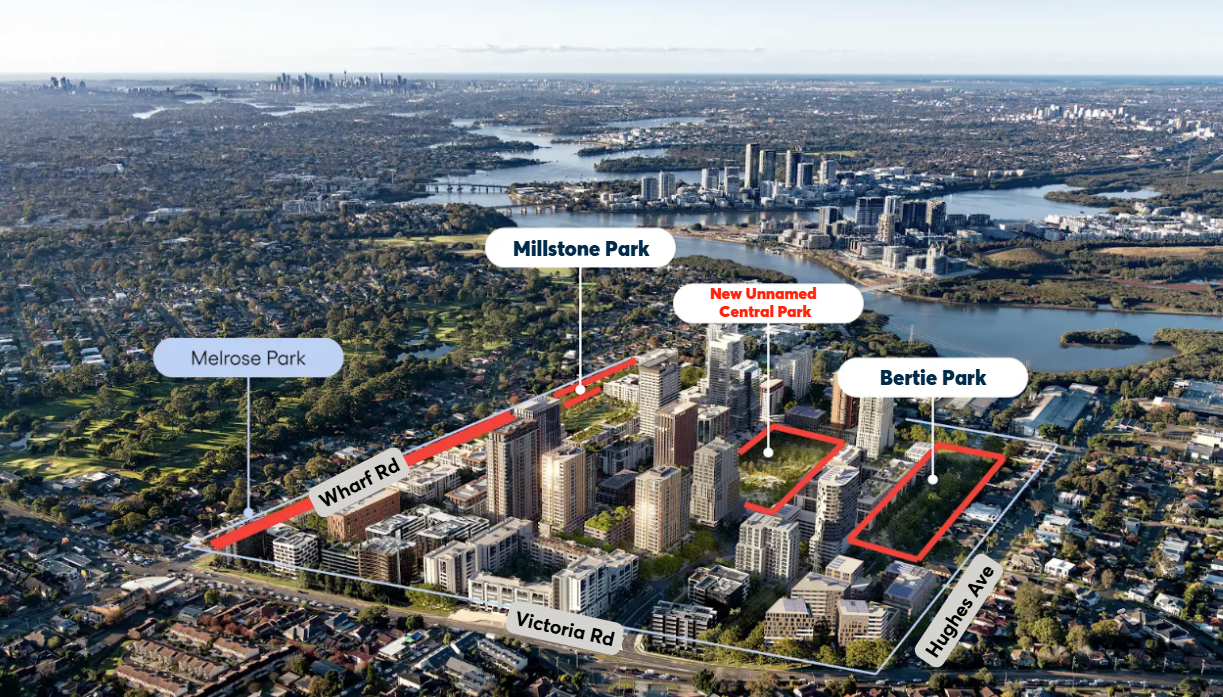 A bird-eye view of the new Melrose Park precinct with location of unnamed central park marked